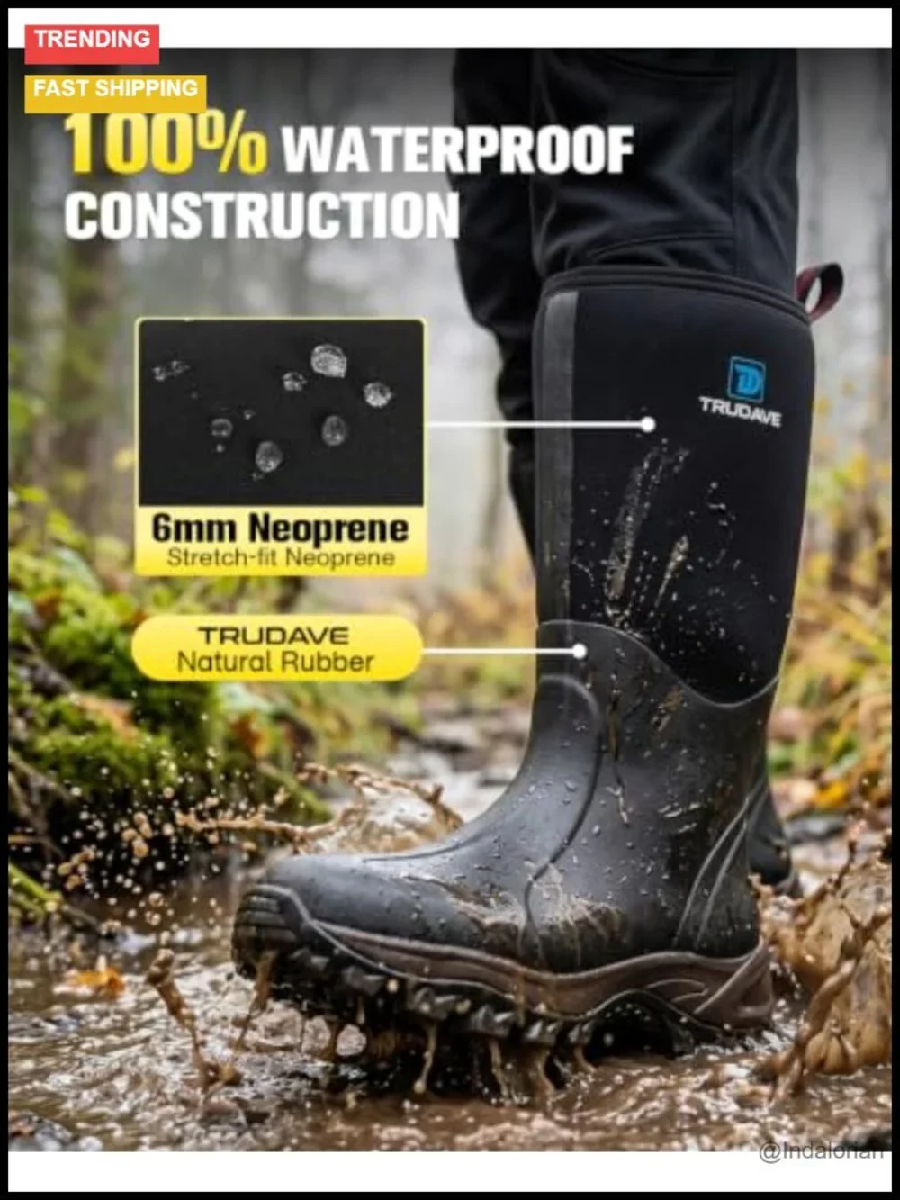 Waterproof Insulated Rubber Boots with Steel Shank, 6mm Neoprene, Anti-slip